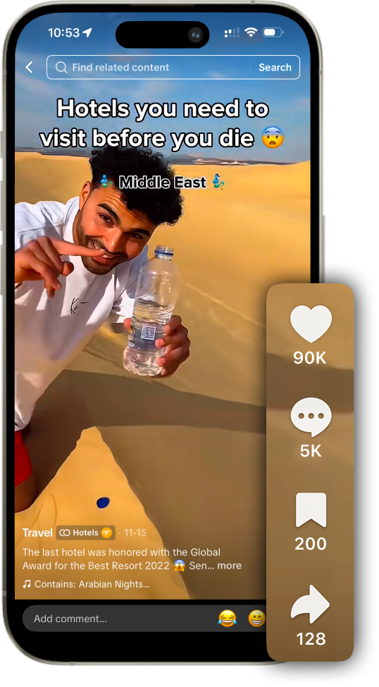 Phone mockup with lower-right engagement controls