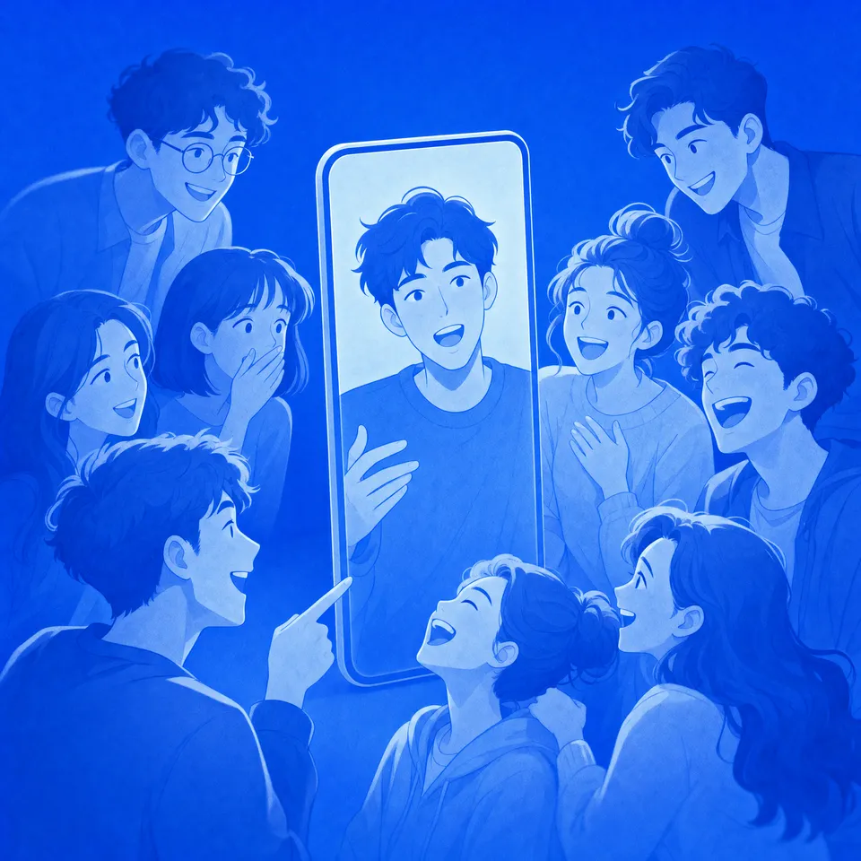 A crowd of people watching a phone screen together